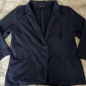 Navy blue blazer XL back vent 3/4 sleeve one button fitted stretch casual chic